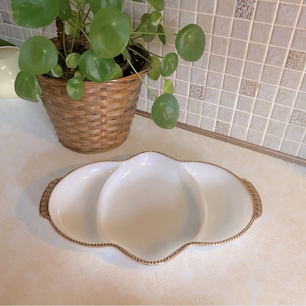 Vintage Fire King milk glass gold rimmed divided‎ dish oven ware USA